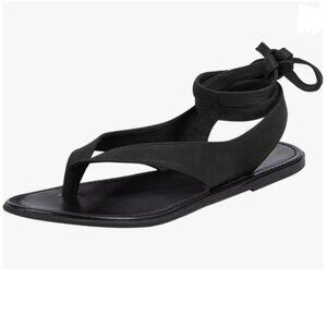FOWT Black Split Round Toe Sandals Lace up Strappy Soft Flip Flop Flats Shoes